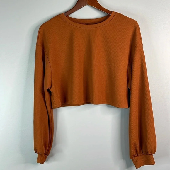SHEIN Cropped Ribbed Lantern Sleeve Top Rust Brown Crewneck Balloon Size M - Picture 10 of 10